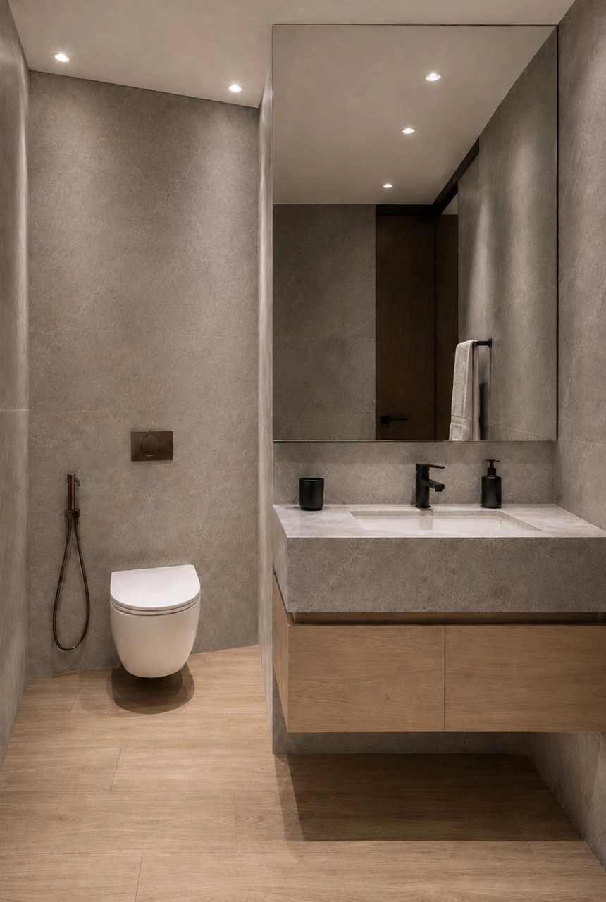 X4 Design and Build compact modern bathroom project with floating vanity, wood finish cabinet, wall mounted toilet, mirror, and clean grey wall finishes