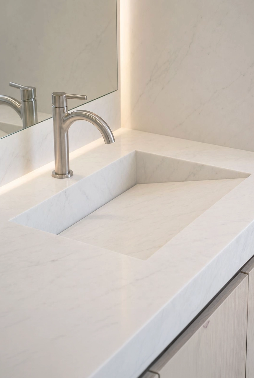 X4 Design and Build white marble bathroom countertop with integrated basin, chrome faucet, large mirror, clean wall marble, and luxury vanity detail