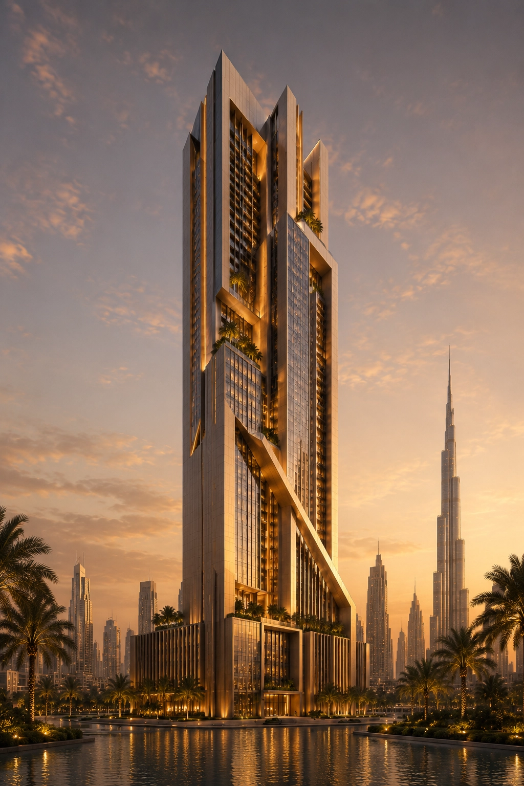 Nidal Yazbek Future Concept Aurelian Vertical Residence in Dubai with luxury buildable tower design, golden illuminated facade, vertical sky gardens, glass volumes, palm landscape, and premium skyline presence