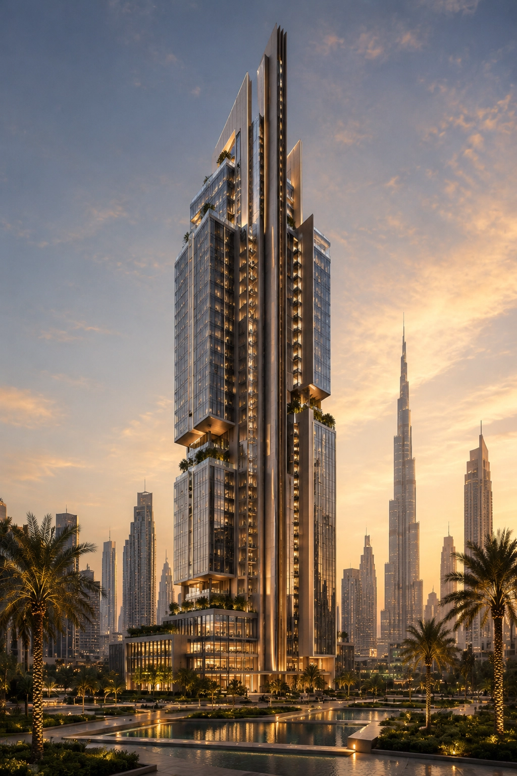Nidal Yazbek Future Concept Aureon Sky Residence in Dubai with luxury buildable tower design, glass facade, illuminated sky terraces, vertical gardens, palm landscape, and premium skyline presence