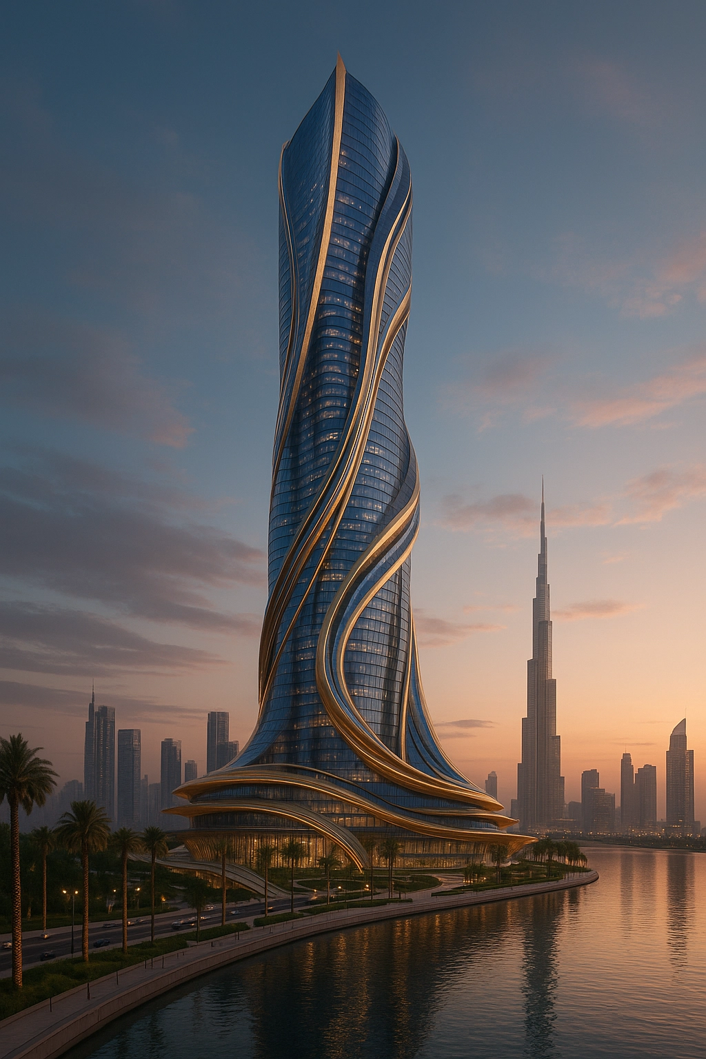Nidal Yazbek Future Concept Aurelia Tower in Dubai with curved glass facade, golden architectural lines, and futuristic skyline presence