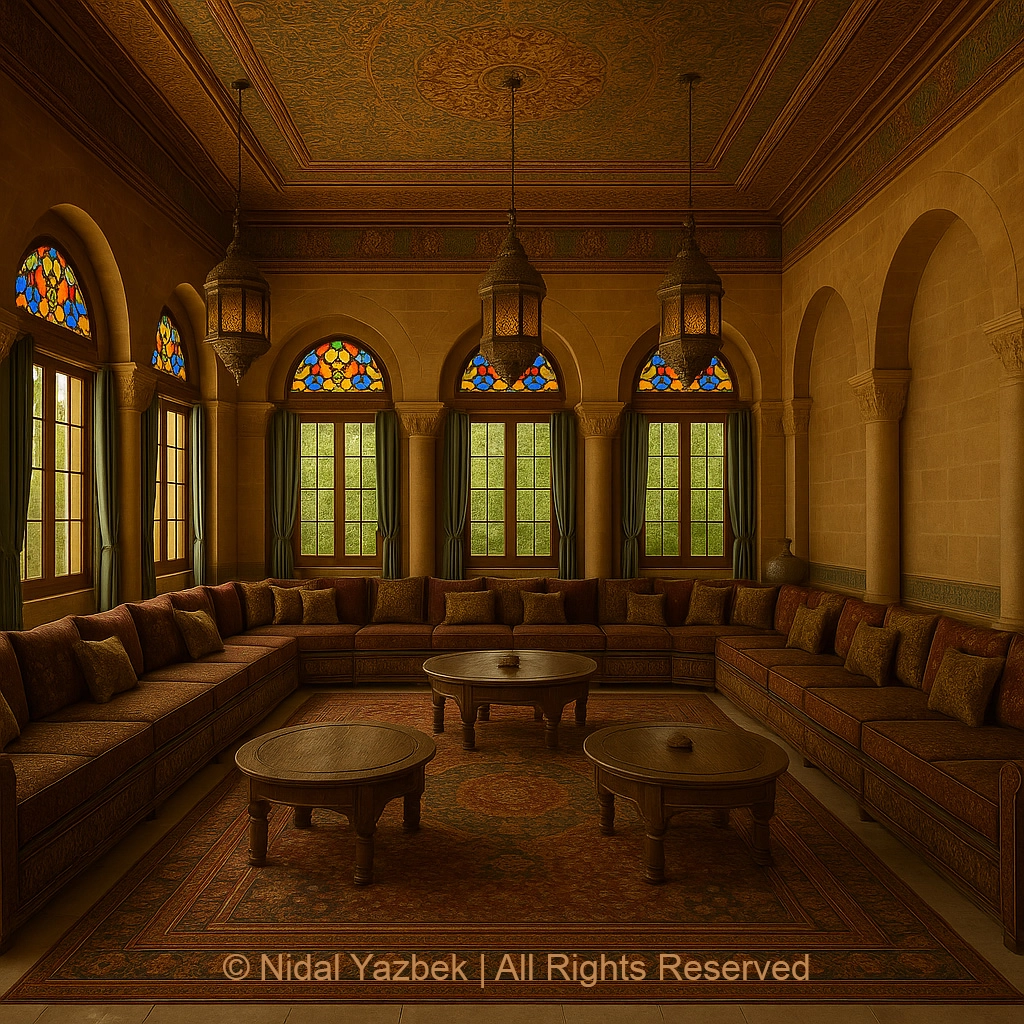 Nidal Yazbek heritage architecture rendering traditional palace courtyard stone columns arches fountain mosaic details cultural luxury visualization