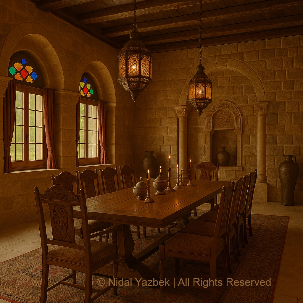 Nidal Yazbek heritage architecture rendering traditional luxury majlis arabesque patterns warm colors lanterns carved wood stained glass cultural interior