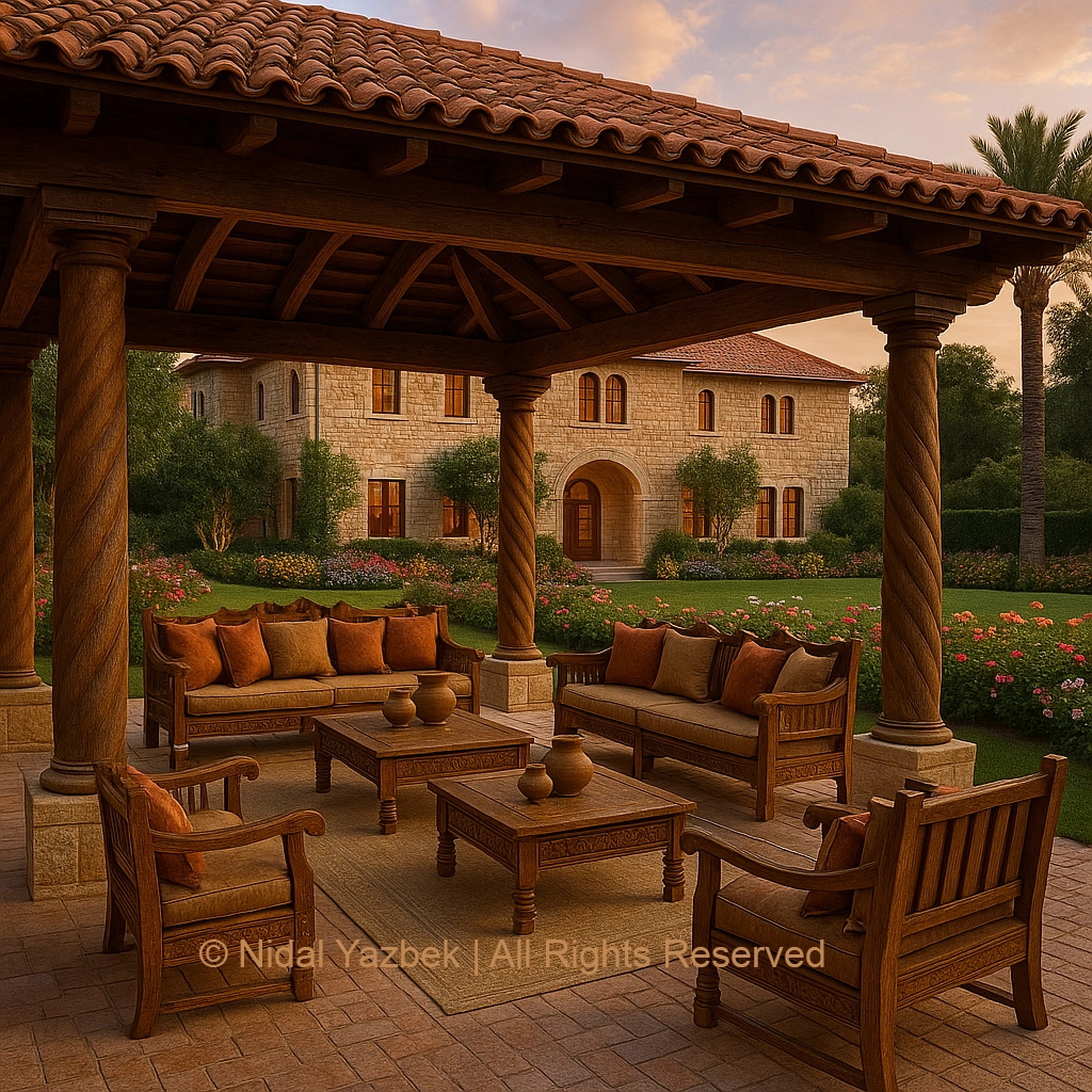 Nidal Yazbek heritage architecture rendering traditional stone arcade arches lantern warm lighting old palace corridor cultural architecture visualization