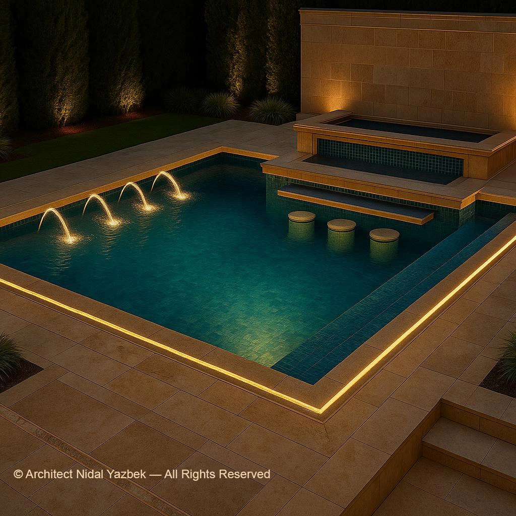 Nidal Yazbek luxury pool rendering night scene with illuminated swimming pool, sunken fire lounge, spa, water wall, palm trees, stepping pads, outdoor pavilion, and high-end landscape lighting