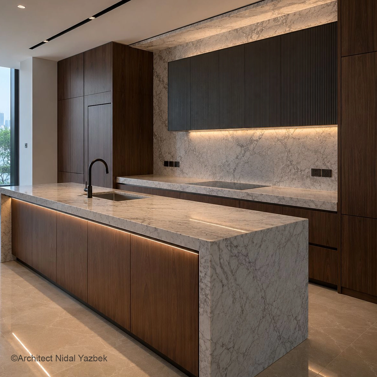 X4 Design and Build grey marble kitchen countertop, marble backsplash, wood cabinets, concealed lighting, black faucet, premium kitchen stone work, luxury fit-out