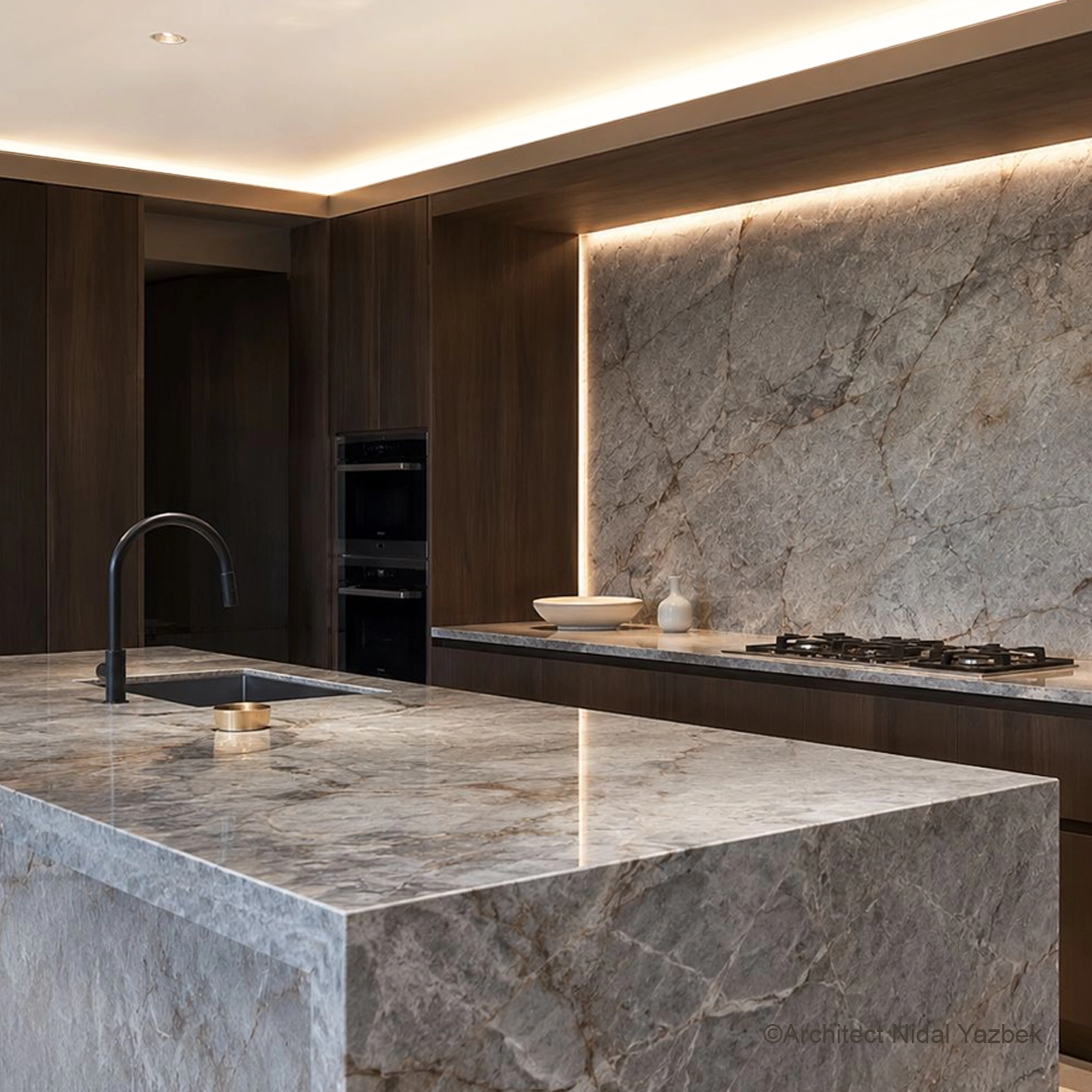 X4 Design and Build luxury marble kitchen, grey marble island, natural wood cabinets, marble backsplash, warm LED lighting, premium countertop finishing