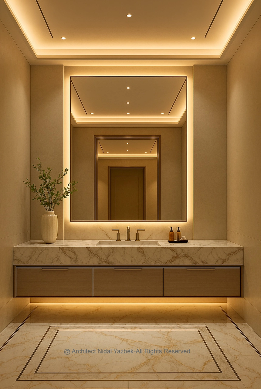 luxury bathroom vanity 3D rendering, floating washbasin cabinet, mirror lighting, marble countertop, warm LED lighting, elegant bathroom design, modern interior rendering