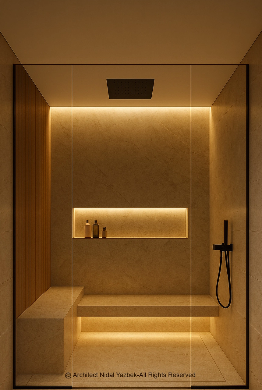 X4 Design and Build luxury shower rendering warm beige stone, illuminated niche, shower bench, black fittings, rain shower, modern spa bathroom 3D render