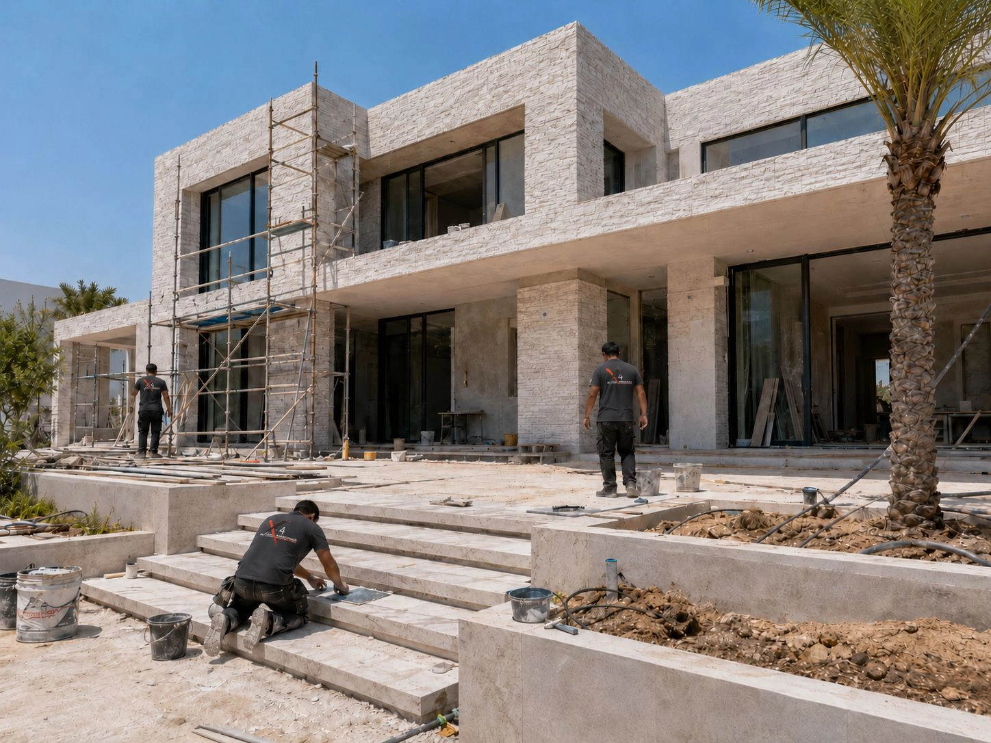 Completed natural stone cladding and exterior wall finish by X4 Design and Build