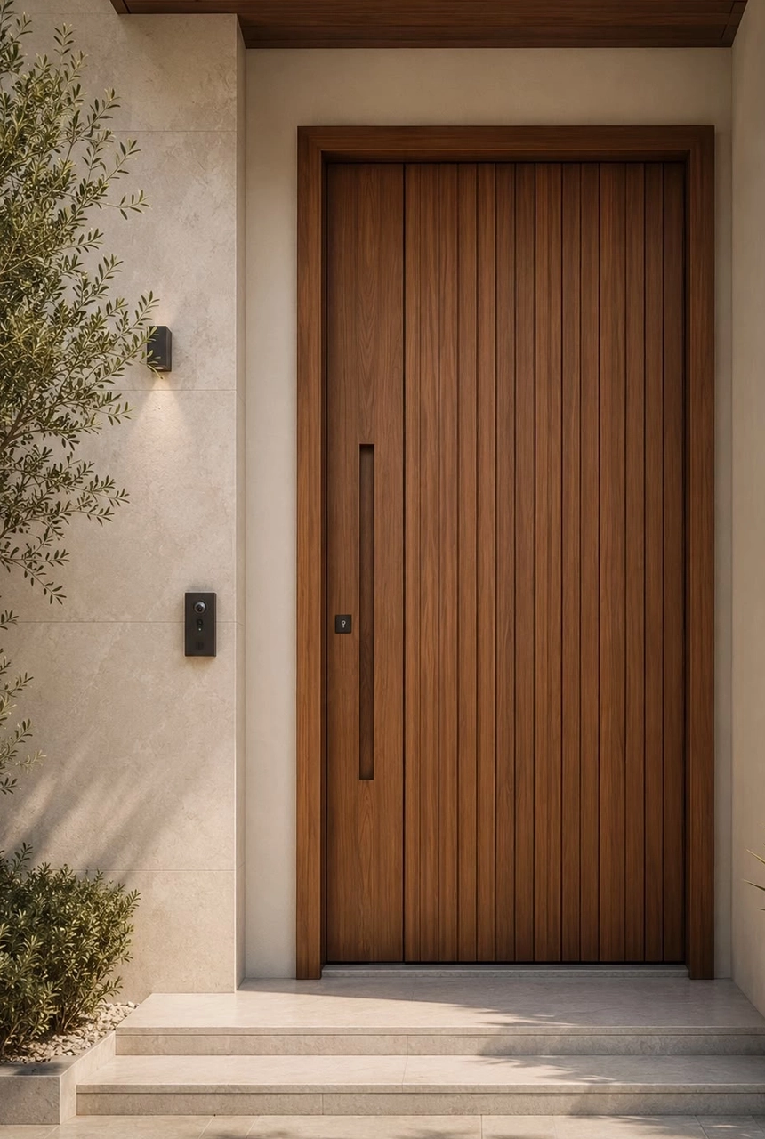X4 Design and Build warm teak-toned villa entrance door with vertical wooden slats, full-height handle, clean stone surround, and luxury UAE exterior finish