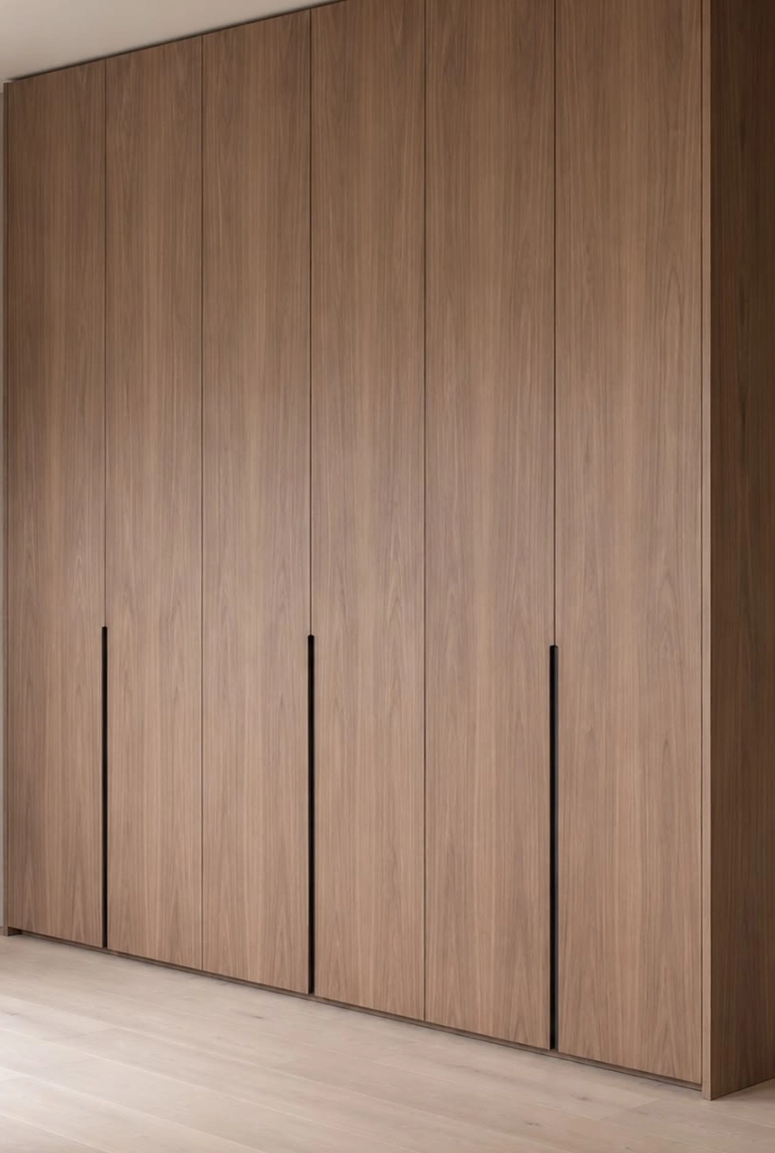 X4 Design and Build full-height light wood wardrobe doors with slim black handles, vertical grain, clean alignment, and modern joinery finishing