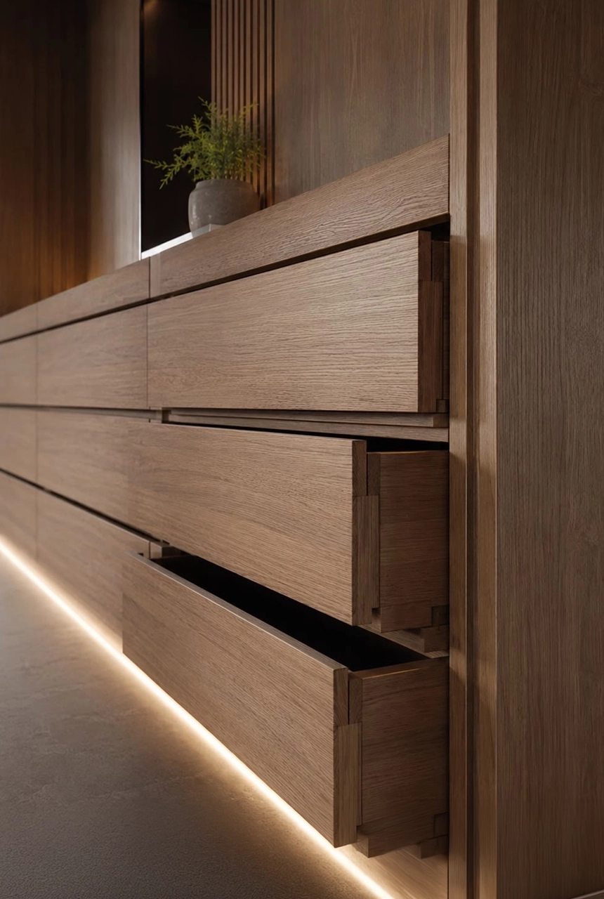 X4 Design and Build walnut-toned drawer detail with horizontal wood grain, recessed handle line, soft LED lighting, and refined joinery finishing