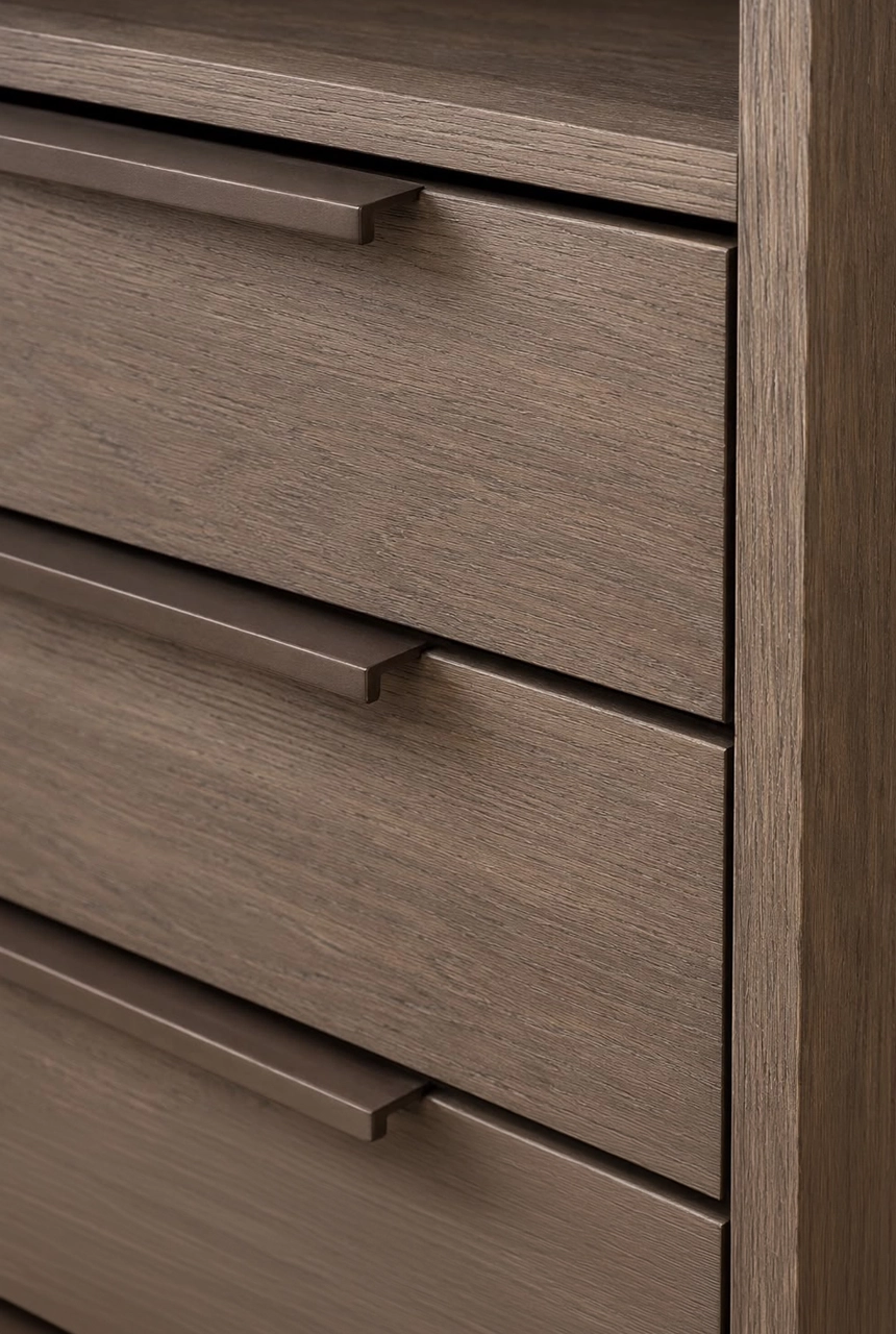X4 Design and Build dark walnut-toned drawer detail with slim handles, visible wood grain, clean gaps, and luxury joinery craftsmanship